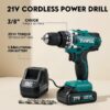 21V Cordless Drill with 25+1 Torque, 1.5AH Battery & Fast Charger